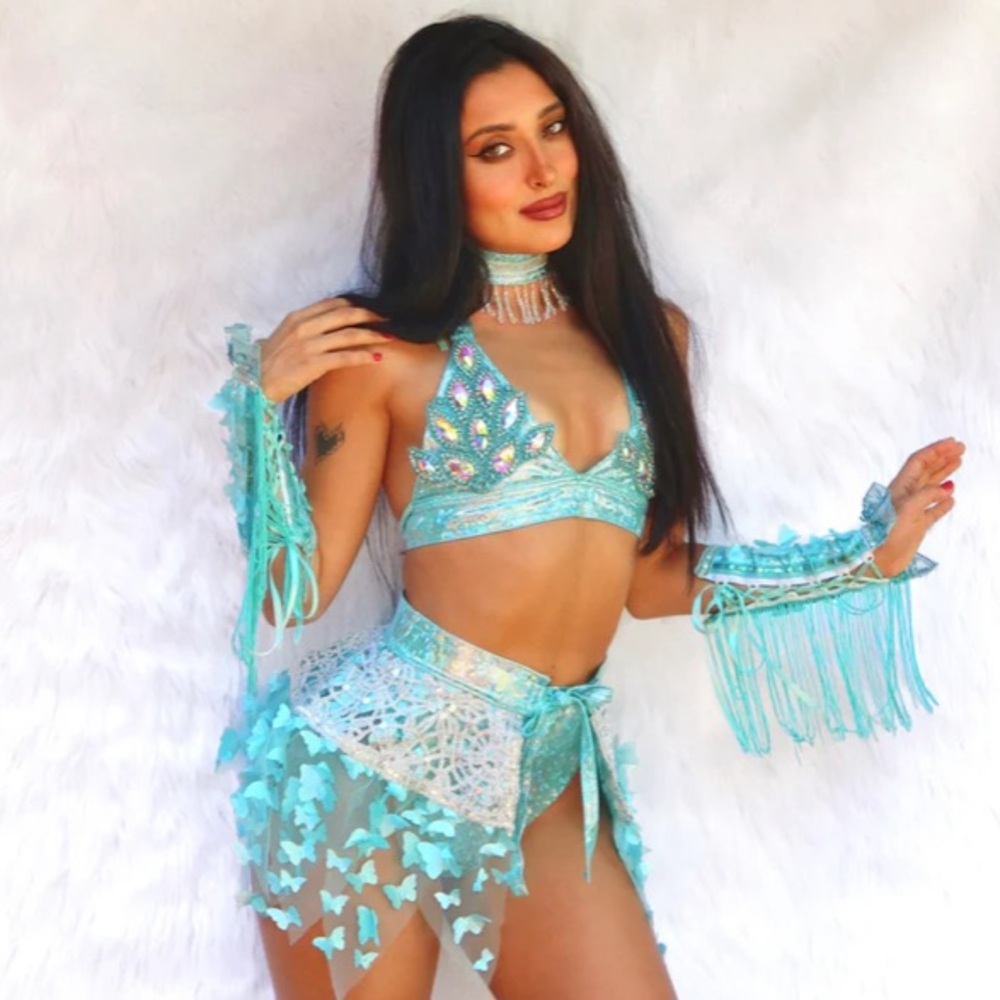 Super Sexy Seco by Diosa Teal Blue Glitter Festival Rave Outfit Fringe Butterfly